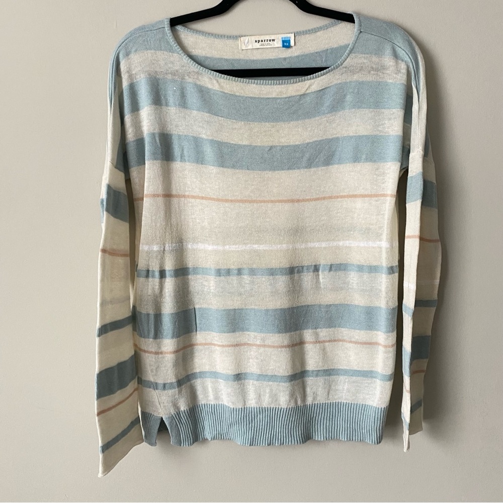 Sparrow Anthropologie Linen Boat Neck Sweater Cream Blue Stripes Size XS - Picture 2 of 9